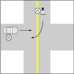四輪車対バイク、四輪車が直進、バイクが優先道路を右折の事故の図