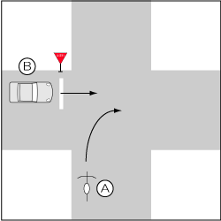 四輪車対自転車、一時停止義務違反の四輪車が直進、自転車が右方広路から右折の事故の図
