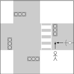 歩行車対自転車、信号機のある横断歩道の手前で歩行者が横断した事故の図 