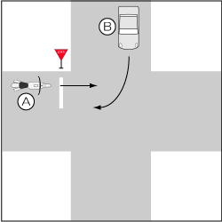 四輪車対バイク、四輪車が左方より右折、バイクが一時停止義務違反で直進の事故の図
