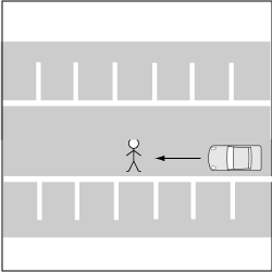 駐車場内における通路の歩行者と四輪車の事故の図