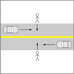 歩行車対自動車、歩行者が交差点以外の場所で横断、車が直進の事故の図