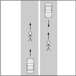 歩行車対自動車、幅８メートル以上の車道の中央部を歩行中の事故